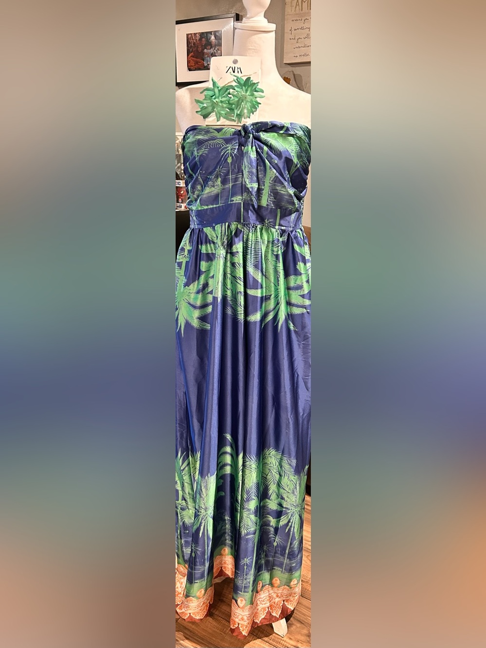 Aakaa Navy Strapless Maxi Jumpsuit with Green Palm Print and Coral Hem